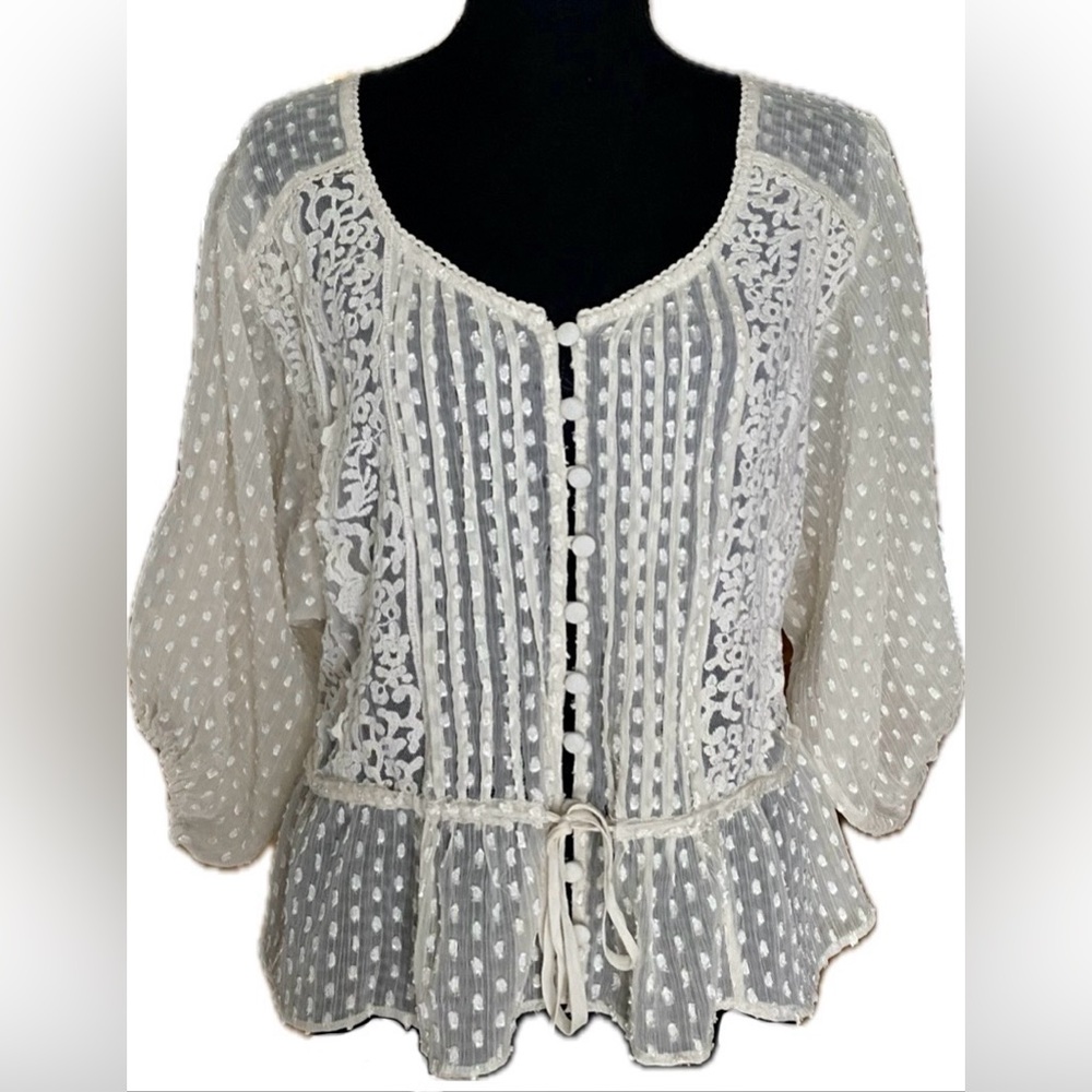 UO Kimchi Blue Romantic Swiss Dot Floral Lace Peasant Top Puff Sleeve